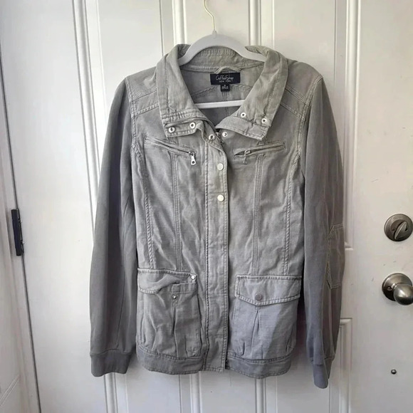 CoffeeShop Grey Centel Cargo Jacket Sz M Zips Snaps Elbow Patches - Picture 1 of 6